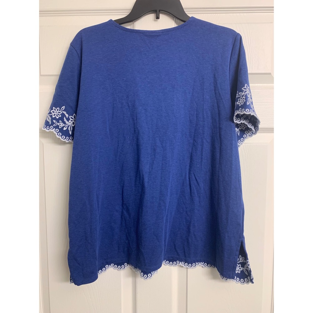 Blue Floral Embroidered Scalloped Hem Short Sleeve Top Boho Coastal‎ Grandma - Picture 3 of 7